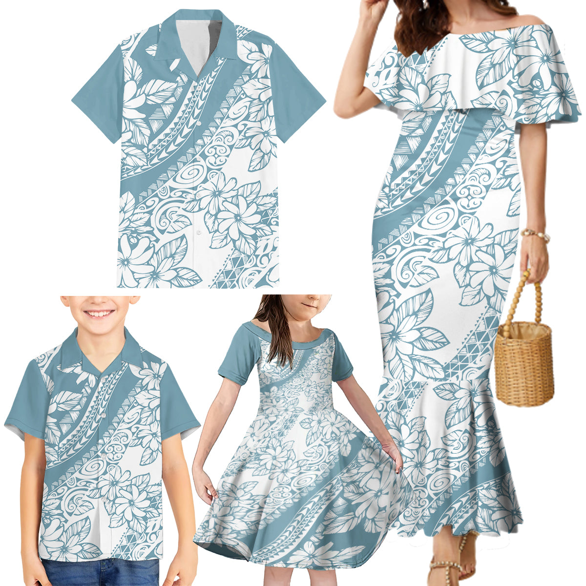 polynesia-family-matching-mermaid-dress-and-hawaiian-shirt-polynesian-tropical-flowers-blue-pastel-vibes