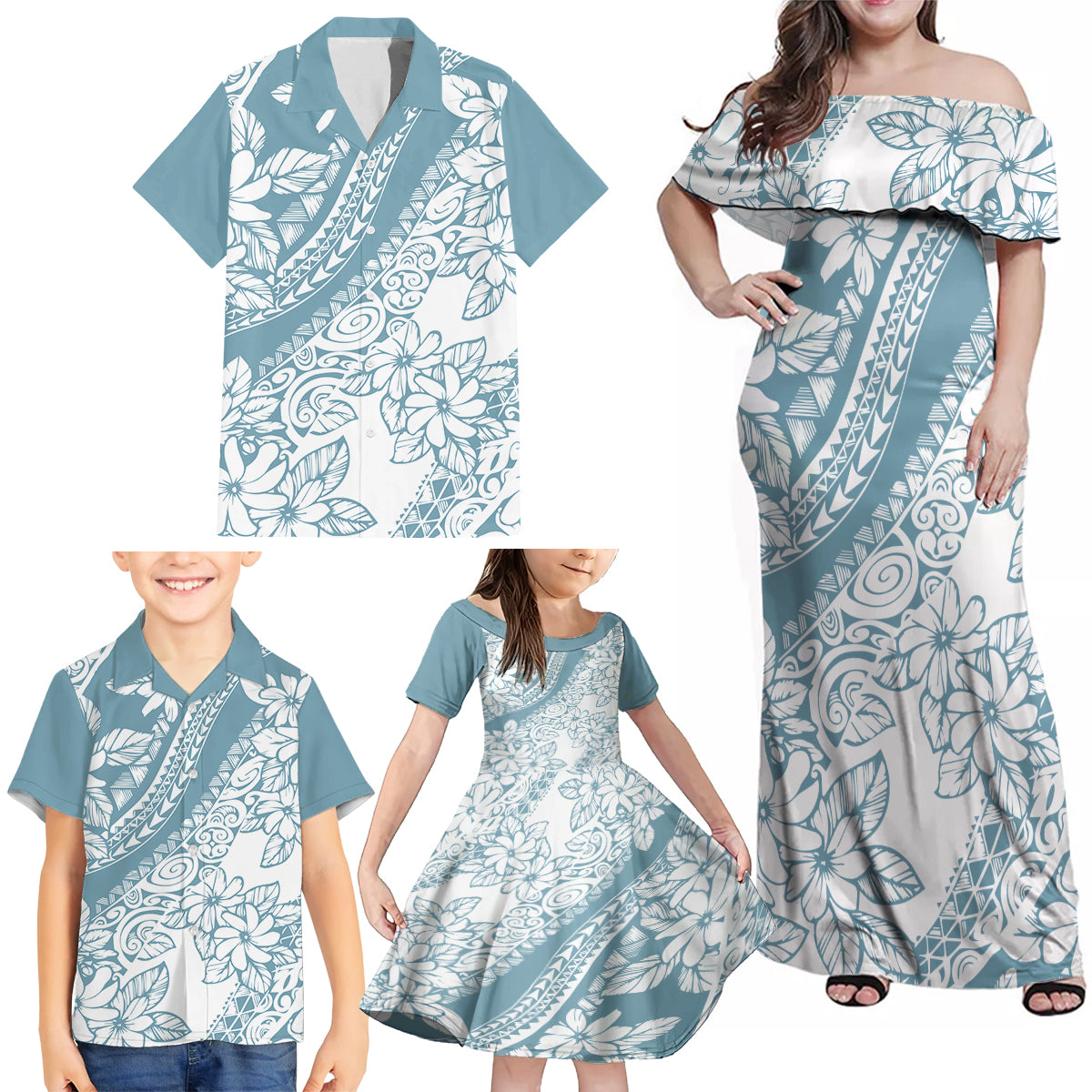 polynesia-family-matching-off-shoulder-maxi-dress-and-hawaiian-shirt-polynesian-tropical-flowers-blue-pastel-vibes