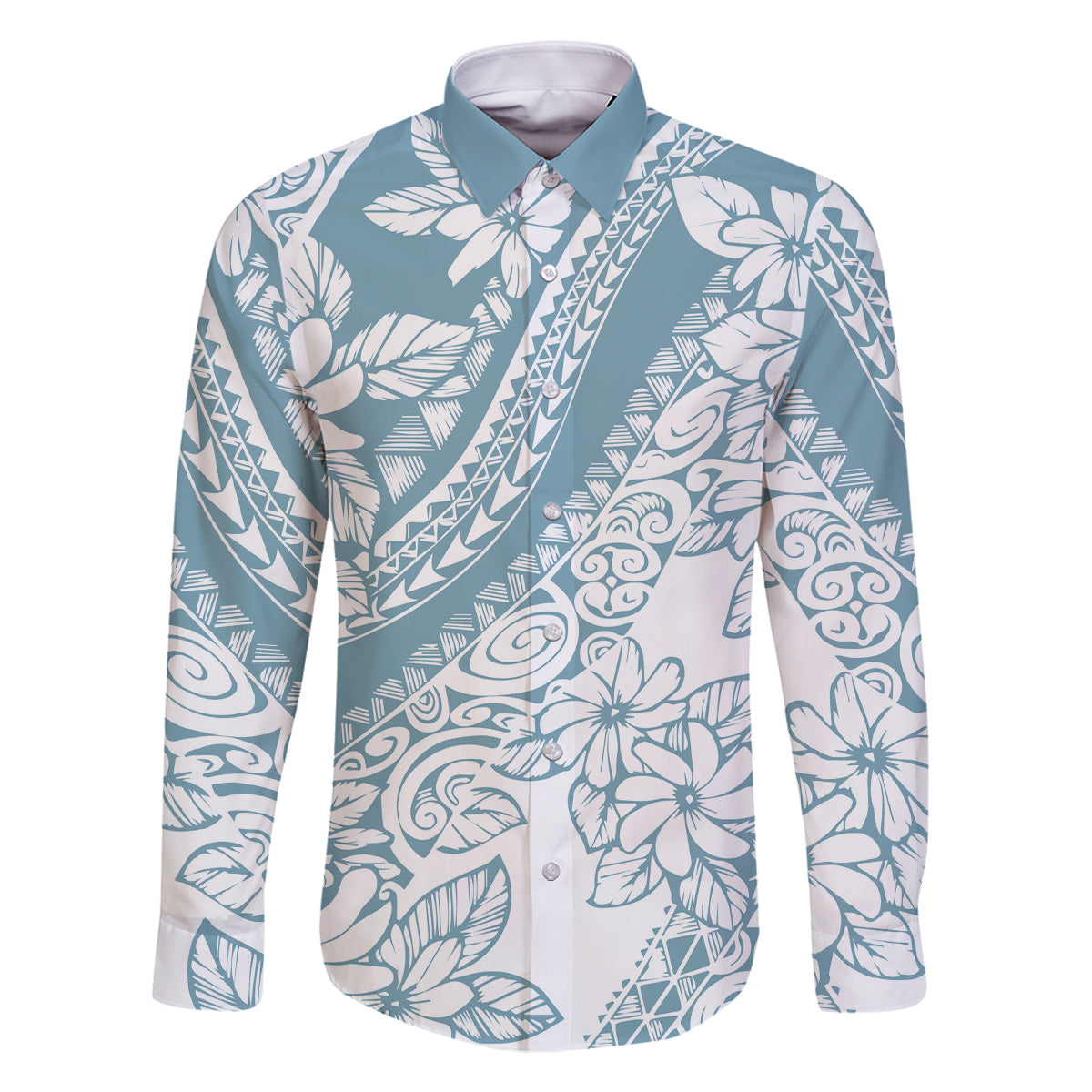 Polynesia Family Matching Off Shoulder Maxi Dress and Hawaiian Shirt Polynesian Tropical Flowers Blue Pastel Vibes LT14 Dad's Shirt - Long Sleeve Blue - Polynesian Pride