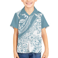 Polynesia Family Matching Off Shoulder Short Dress and Hawaiian Shirt Polynesian Tropical Flowers Blue Pastel Vibes LT14 Son's Shirt Blue - Polynesian Pride