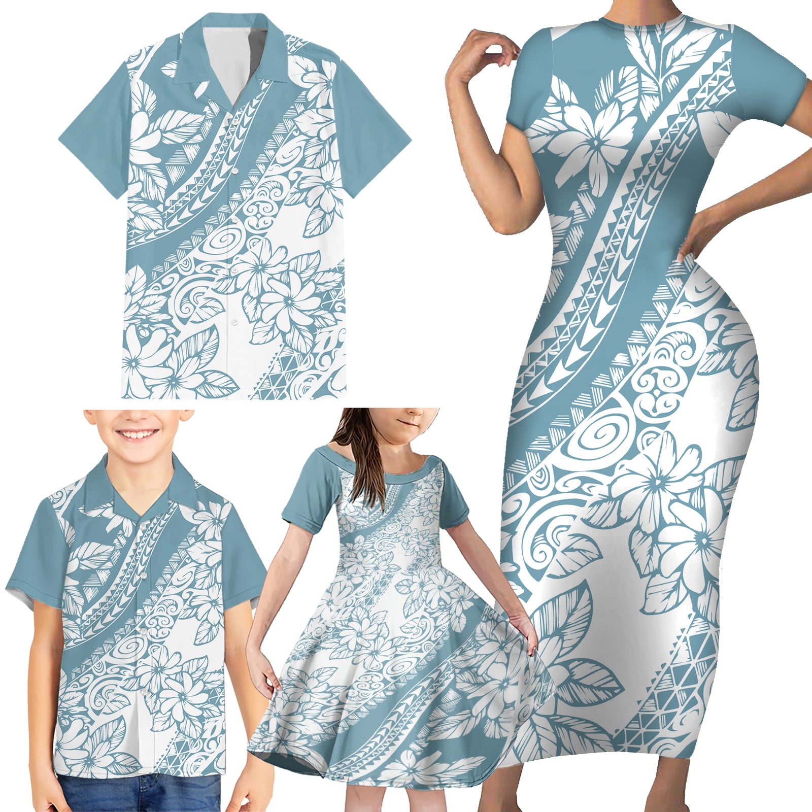 Polynesia Family Matching Short Sleeve Bodycon Dress and Hawaiian Shirt Polynesian Tropical Flowers Blue Pastel Vibes LT14 - Polynesian Pride