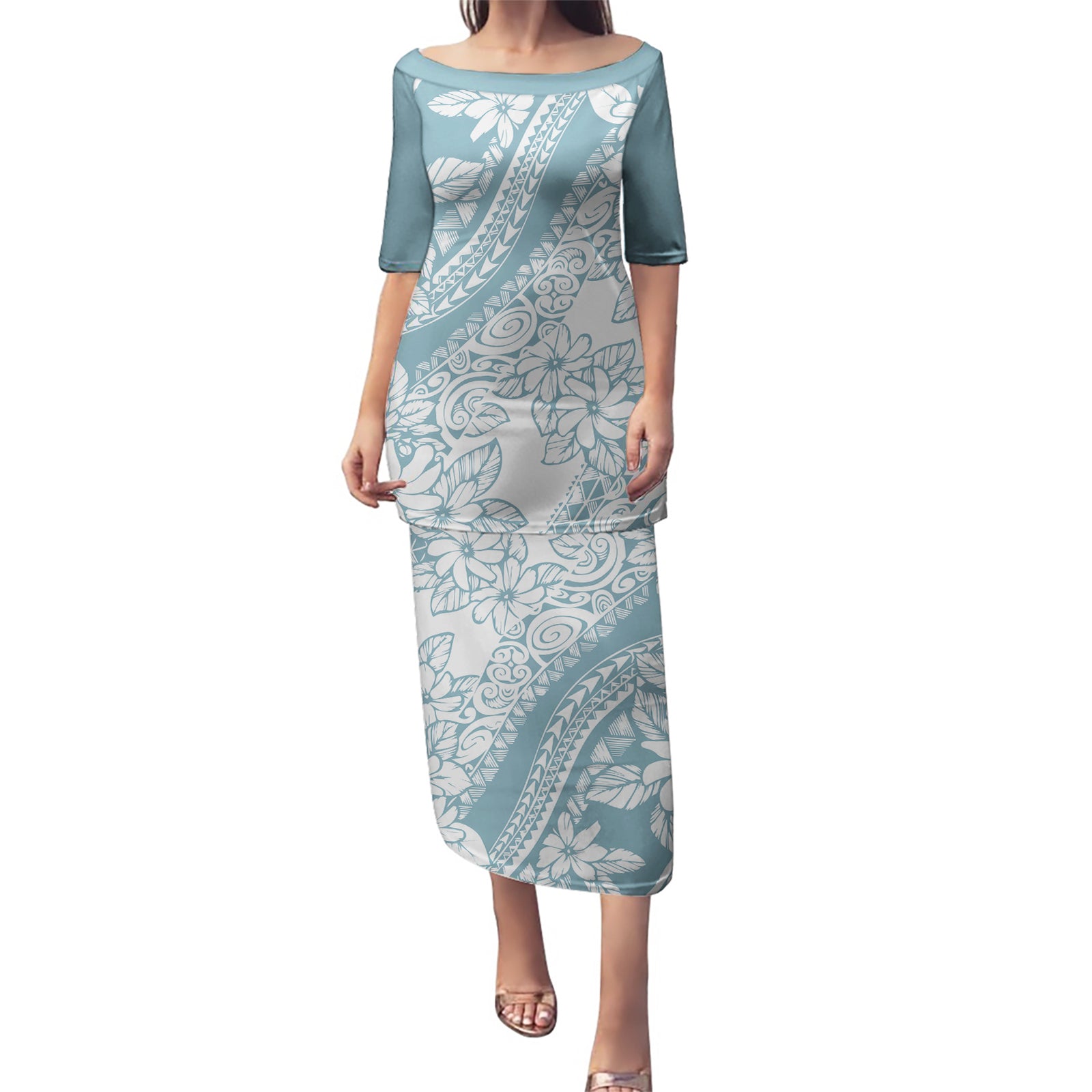 Polynesia Puletasi Polynesian Tropical Flowers Blue Pastel Vibes LT14 Long Dress Blue - Polynesian Pride