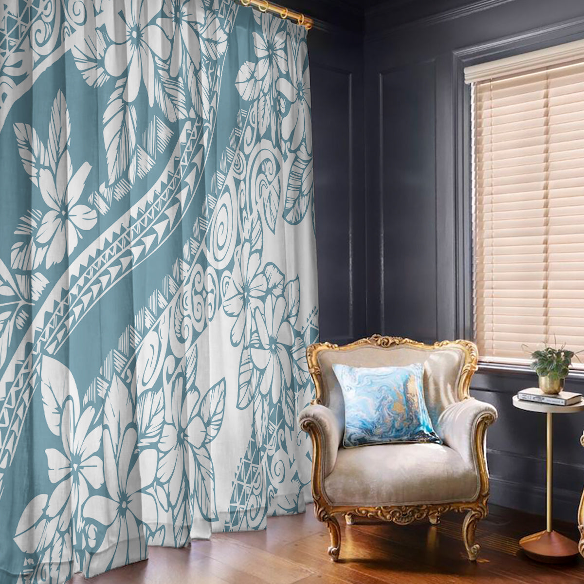 Polynesia Window Curtain Polynesian Tropical Flowers Blue Pastel Vibes LT14 With Hooks Blue - Polynesian Pride