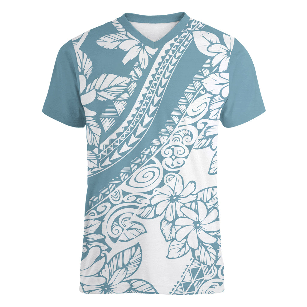 polynesia-women-v-neck-t-shirt-polynesian-tropical-flowers-blue-pastel-vibes