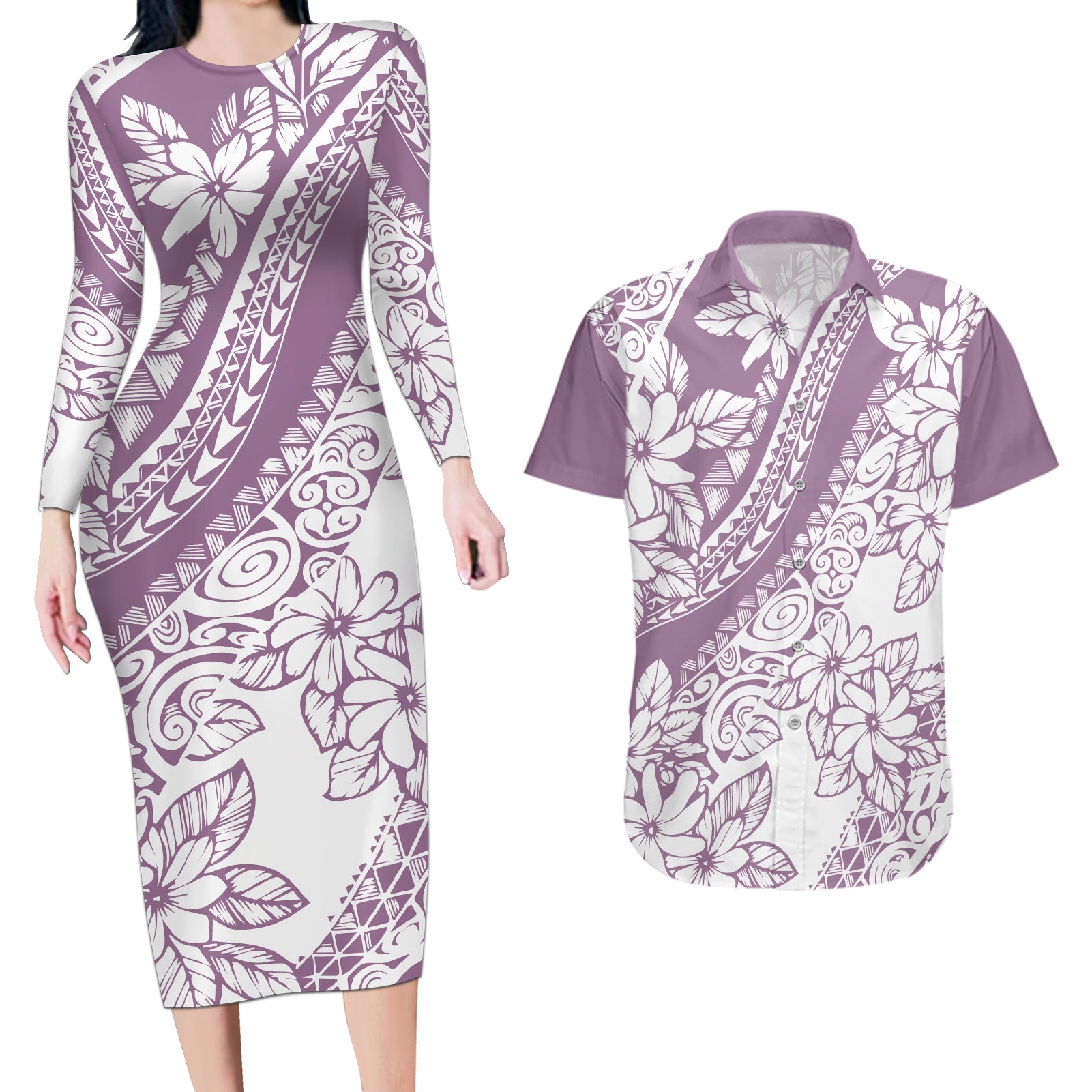 Polynesia Couples Matching Long Sleeve Bodycon Dress and Hawaiian Shirt Polynesian Tropical Flowers Purple Pastel Vibes LT14 Purple - Polynesian Pride