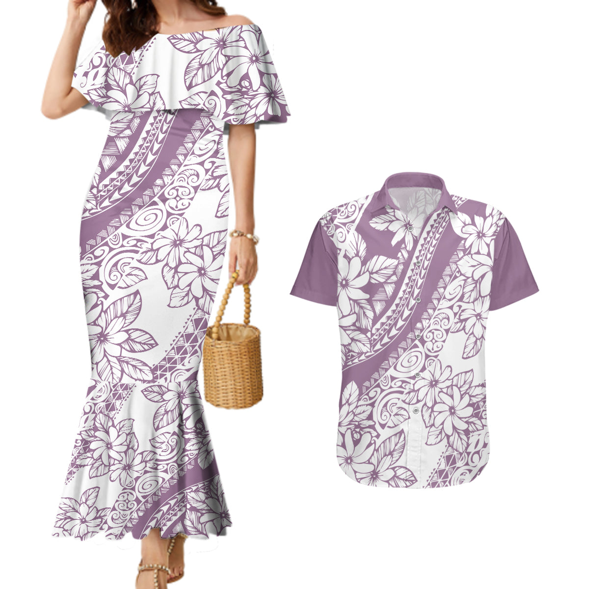 polynesia-couples-matching-mermaid-dress-and-hawaiian-shirt-polynesian-tropical-flowers-purple-pastel-vibes