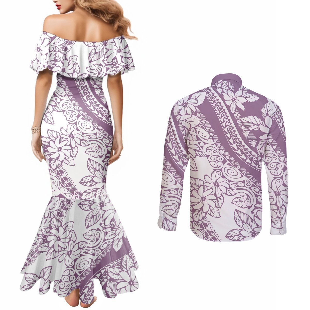 Polynesia Couples Matching Mermaid Dress and Long Sleeve Button Shirts Polynesian Tropical Flowers Purple Pastel Vibes LT14 - Polynesian Pride