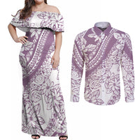 Polynesia Couples Matching Off Shoulder Maxi Dress and Long Sleeve Button Shirts Polynesian Tropical Flowers Purple Pastel Vibes LT14 Purple - Polynesian Pride