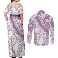 Polynesia Couples Matching Off Shoulder Maxi Dress and Long Sleeve Button Shirts Polynesian Tropical Flowers Purple Pastel Vibes LT14 - Polynesian Pride