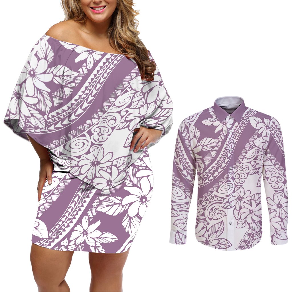 Polynesia Couples Matching Off Shoulder Short Dress and Long Sleeve Button Shirts Polynesian Tropical Flowers Purple Pastel Vibes LT14 Purple - Polynesian Pride