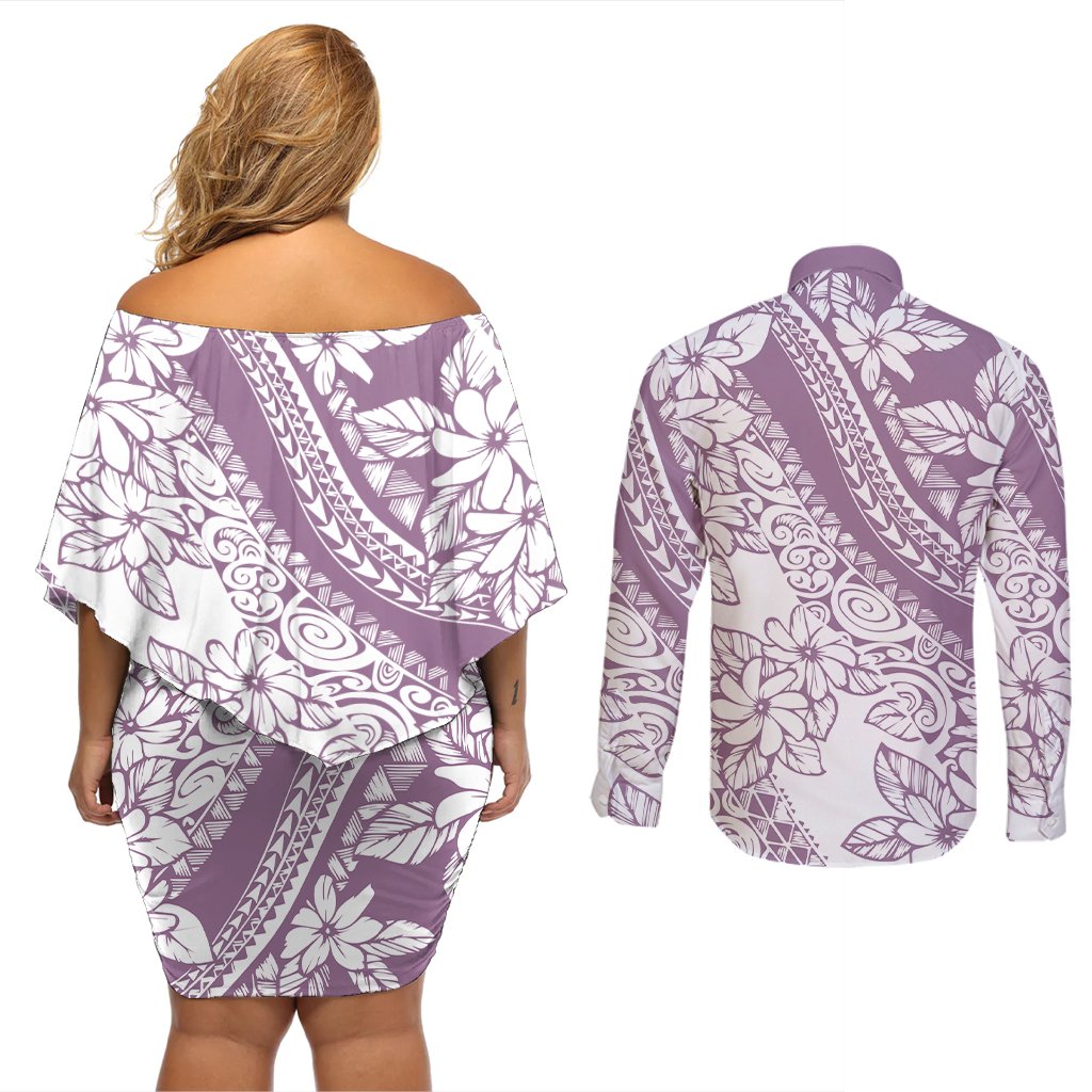 Polynesia Couples Matching Off Shoulder Short Dress and Long Sleeve Button Shirts Polynesian Tropical Flowers Purple Pastel Vibes LT14 - Polynesian Pride