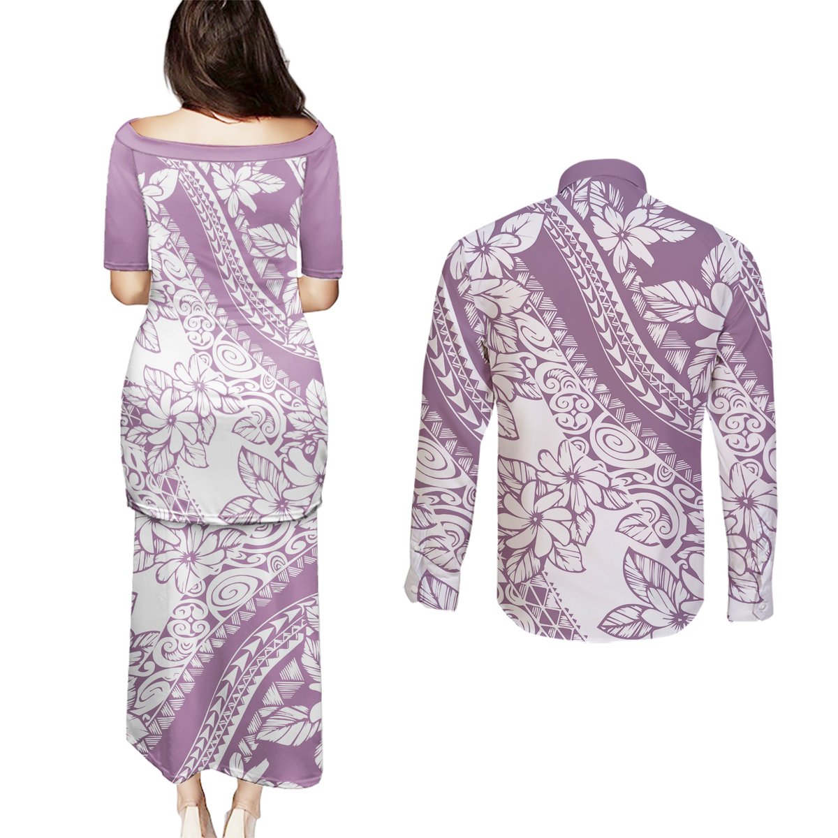 Polynesia Couples Matching Puletasi Dress and Long Sleeve Button Shirts Polynesian Tropical Flowers Purple Pastel Vibes LT14 - Polynesian Pride