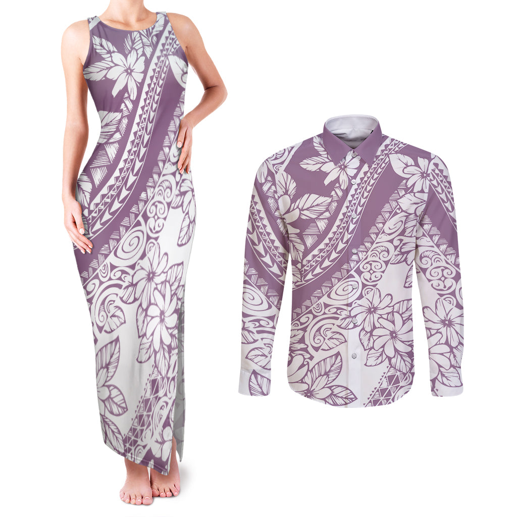 Polynesia Couples Matching Tank Maxi Dress and Long Sleeve Button Shirts Polynesian Tropical Flowers Purple Pastel Vibes LT14 Purple - Polynesian Pride