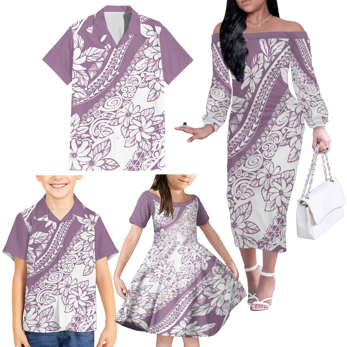 Polynesia Family Matching Off Shoulder Long Sleeve Dress and Hawaiian Shirt Polynesian Tropical Flowers Purple Pastel Vibes LT14 - Polynesian Pride