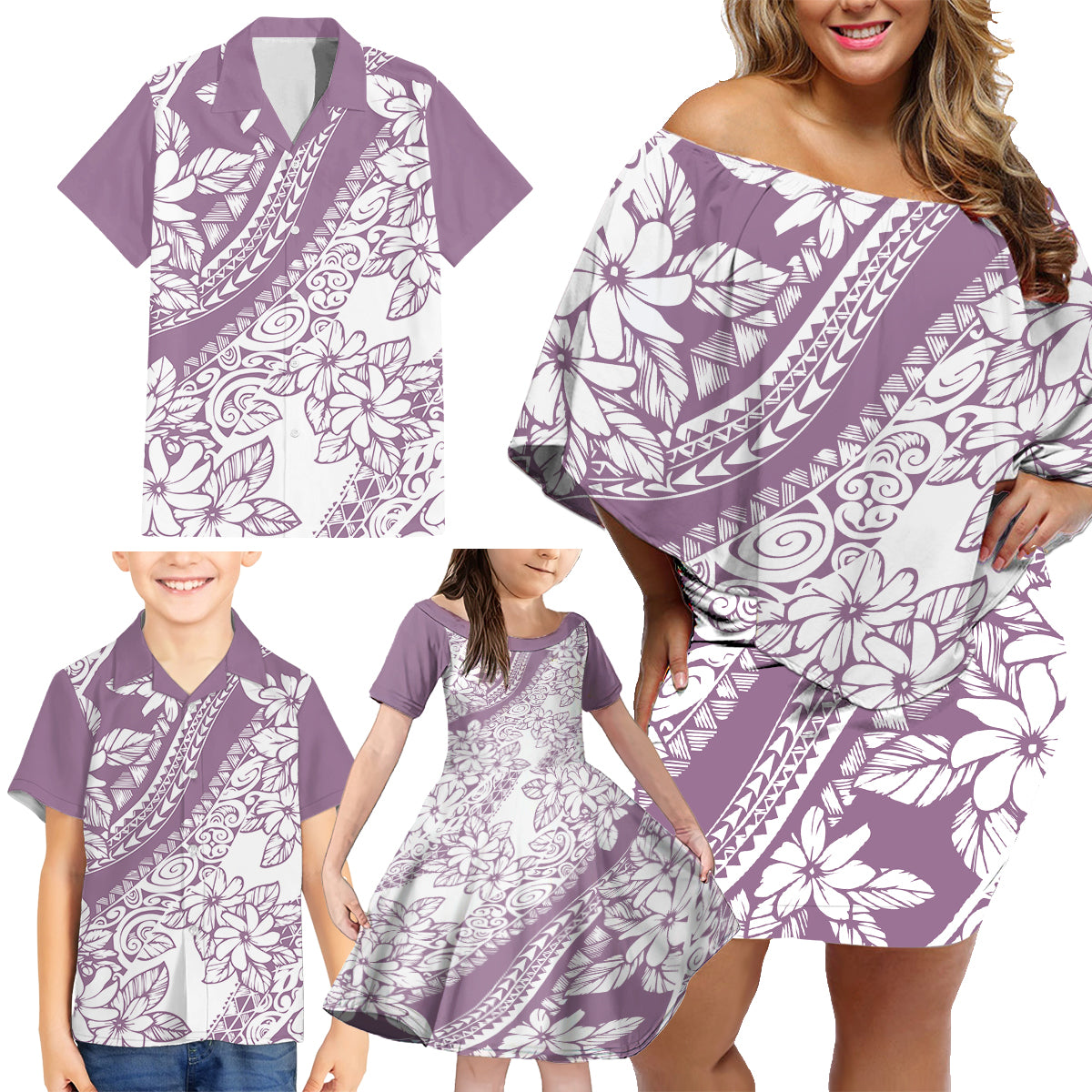 polynesia-family-matching-off-shoulder-short-dress-and-hawaiian-shirt-polynesian-tropical-flowers-purple-pastel-vibes