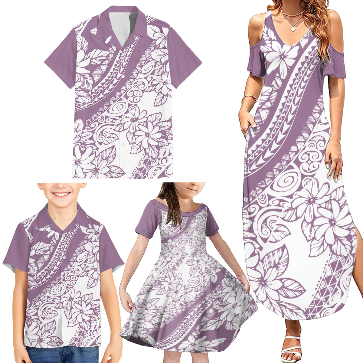 polynesia-family-matching-summer-maxi-dress-and-hawaiian-shirt-polynesian-tropical-flowers-purple-pastel-vibes