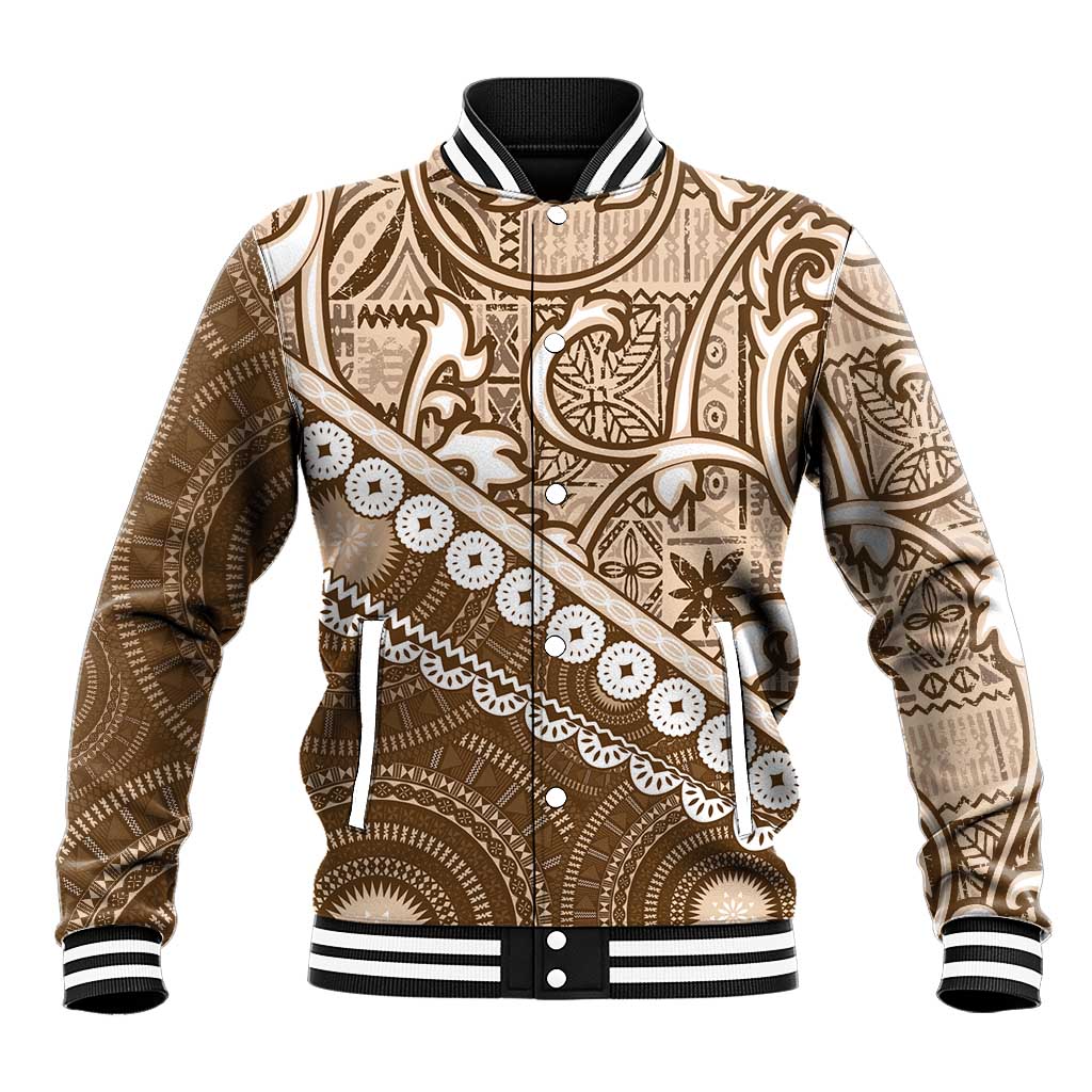 Beige Bula Fiji Baseball Jacket Fijian Language Week Tapa Cloth - Pastel LT14 Unisex Beige - Polynesian Pride