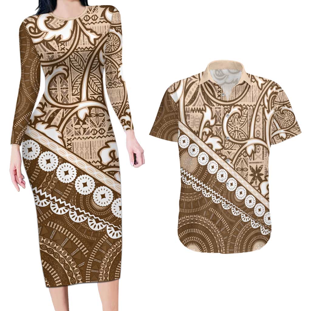 Beige Bula Fiji Couples Matching Long Sleeve Bodycon Dress and Hawaiian Shirt Fijian Language Week Tapa Cloth - Pastel