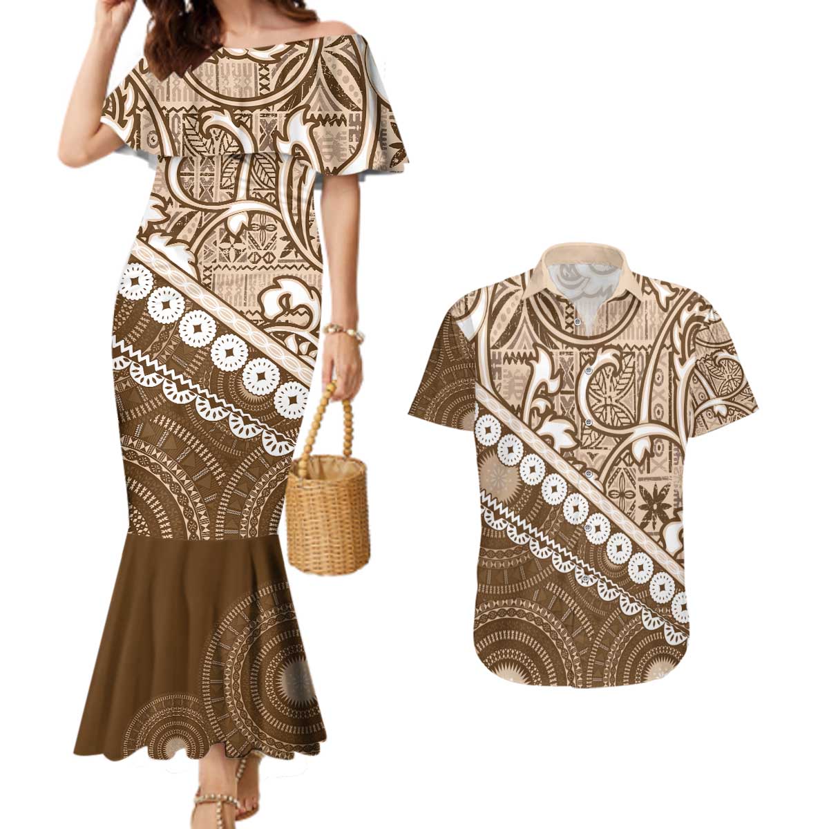 Beige Bula Fiji Couples Matching Mermaid Dress and Hawaiian Shirt Fijian Language Week Tapa Cloth - Pastel