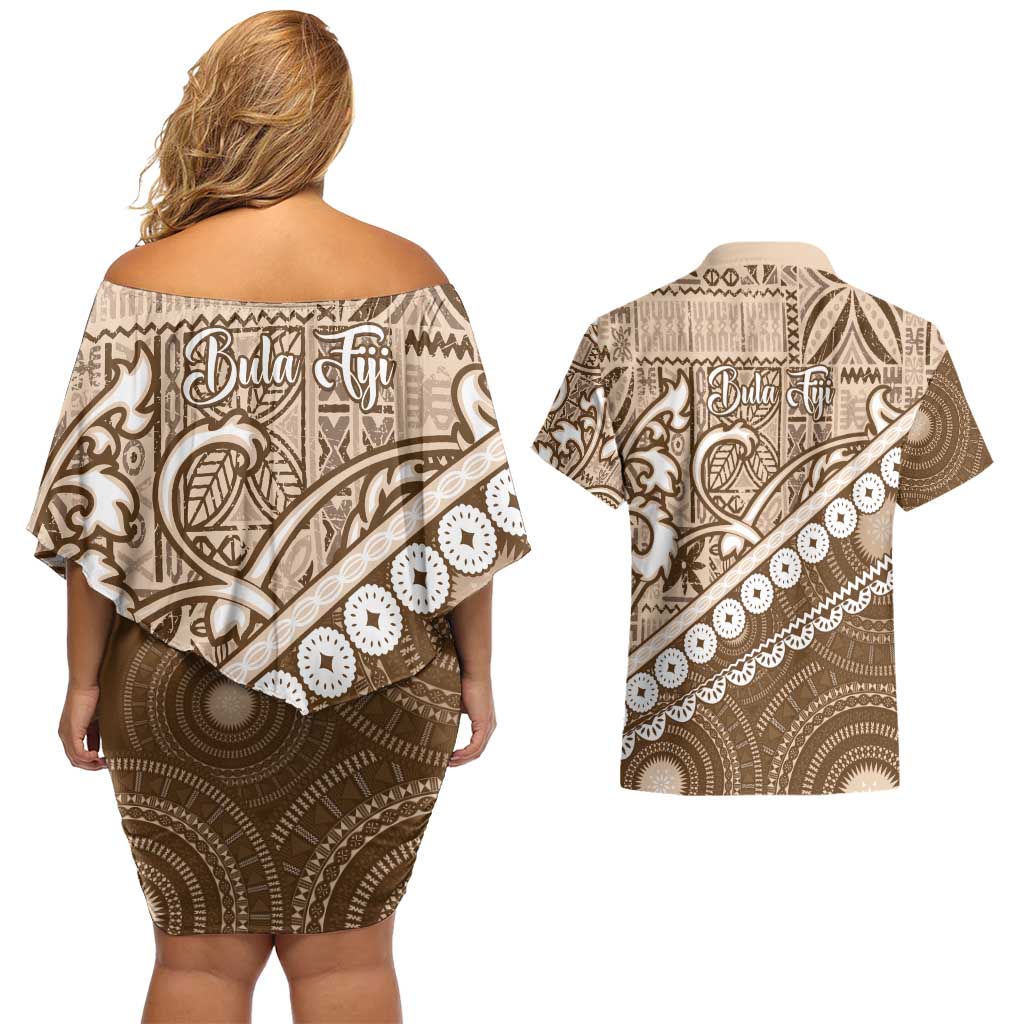 Beige Bula Fiji Couples Matching Off Shoulder Short Dress and Hawaiian Shirt Fijian Language Week Tapa Cloth - Pastel