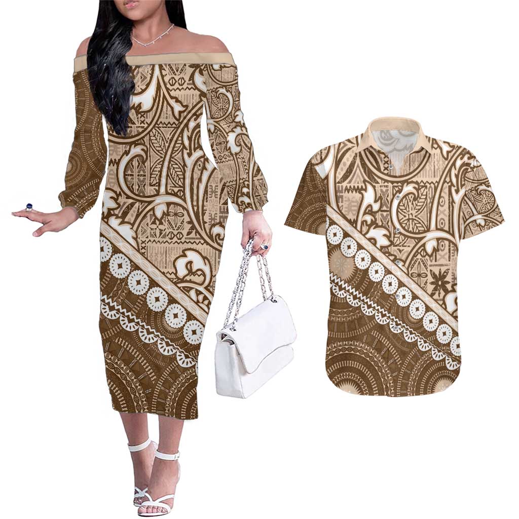 Beige Bula Fiji Couples Matching Off The Shoulder Long Sleeve Dress and Hawaiian Shirt Fijian Language Week Tapa Cloth - Pastel