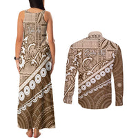 Beige Bula Fiji Couples Matching Tank Maxi Dress and Long Sleeve Button Shirt Fijian Language Week Tapa Cloth - Pastel