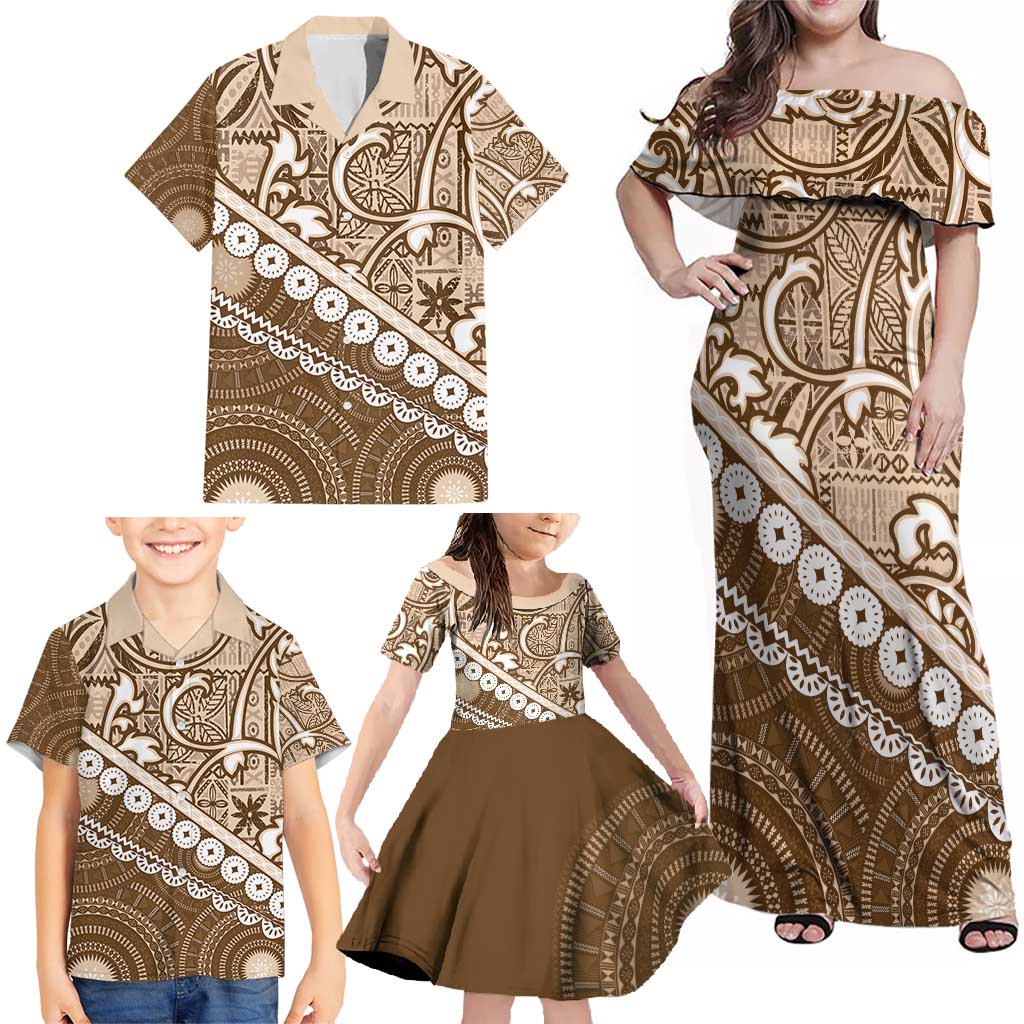 Beige Bula Fiji Family Matching Off Shoulder Maxi Dress and Hawaiian Shirt Fijian Language Week Tapa Cloth - Pastel