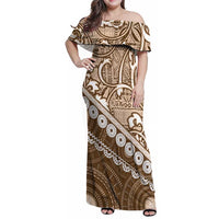 Beige Bula Fiji Family Matching Off Shoulder Maxi Dress and Hawaiian Shirt Fijian Language Week Tapa Cloth - Pastel