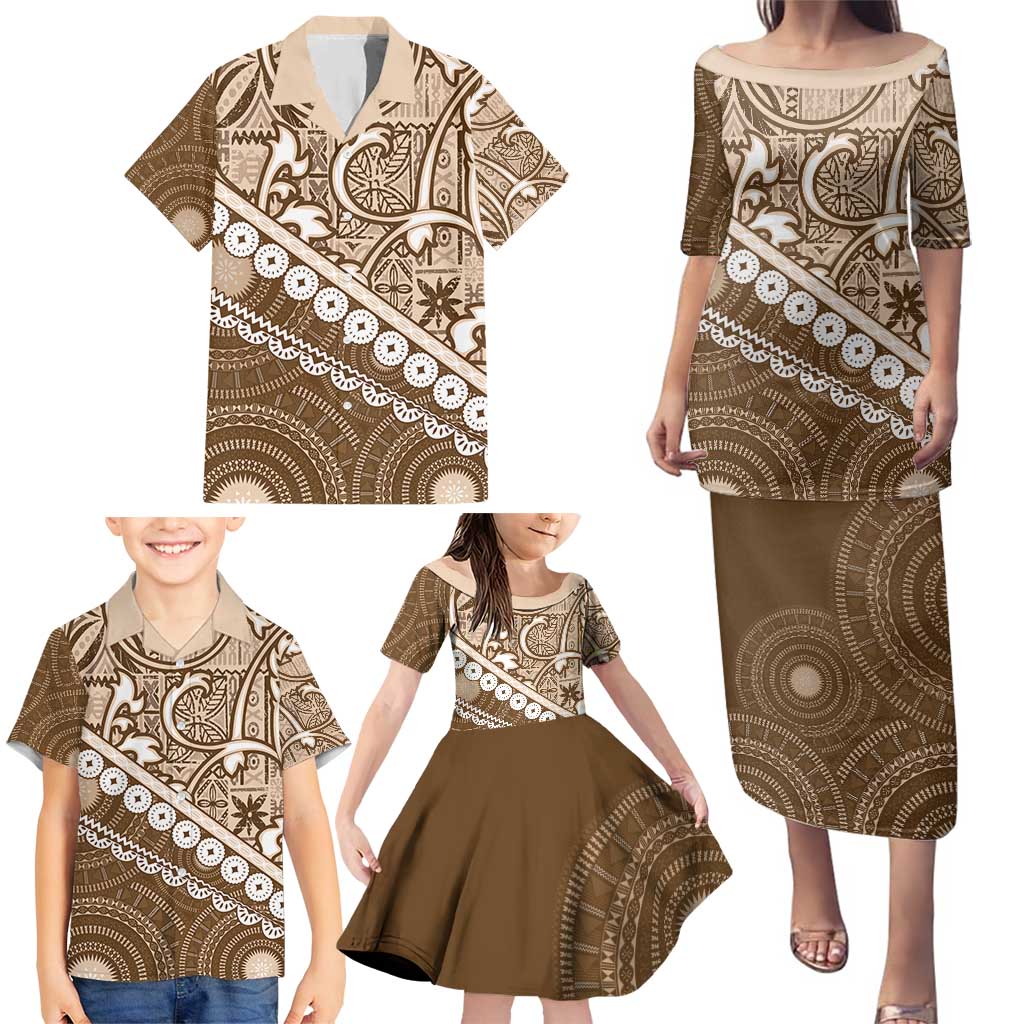 Beige Bula Fiji Family Matching Puletasi and Hawaiian Shirt Fijian Language Week Tapa Cloth - Pastel