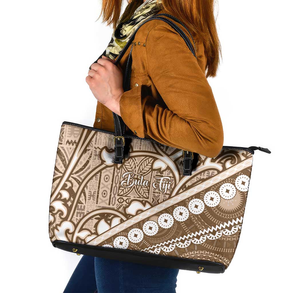 Beige Bula Fiji Leather Tote Bag Fijian Language Week Tapa Cloth - Pastel LT14 Beige - Polynesian Pride