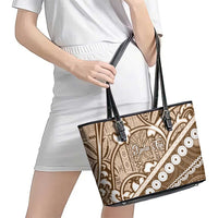 Beige Bula Fiji Leather Tote Bag Fijian Language Week Tapa Cloth - Pastel LT14 - Polynesian Pride
