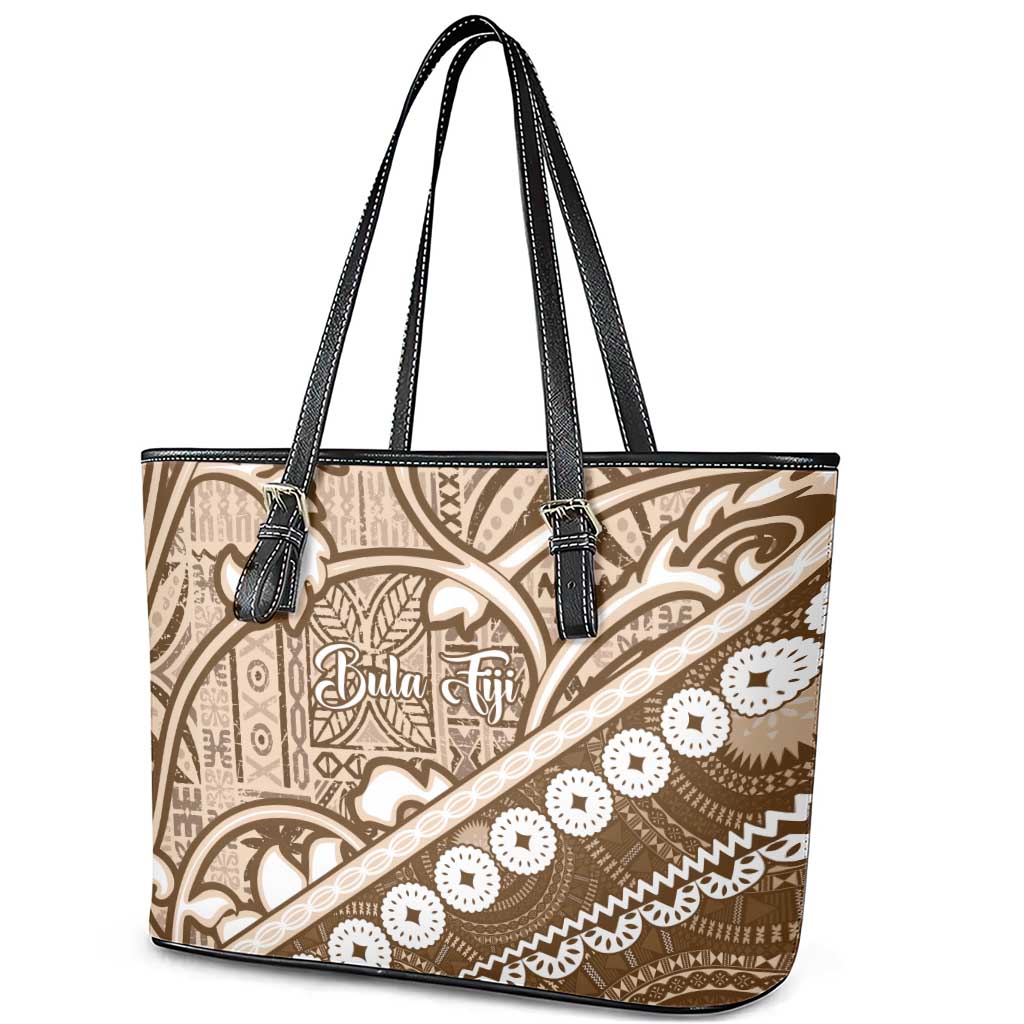 Beige Bula Fiji Leather Tote Bag Fijian Language Week Tapa Cloth - Pastel LT14 - Polynesian Pride