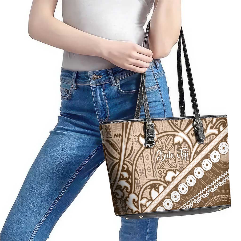 Beige Bula Fiji Leather Tote Bag Fijian Language Week Tapa Cloth - Pastel LT14 - Polynesian Pride