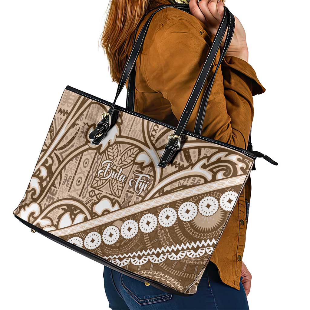 Beige Bula Fiji Leather Tote Bag Fijian Language Week Tapa Cloth - Pastel LT14 - Polynesian Pride