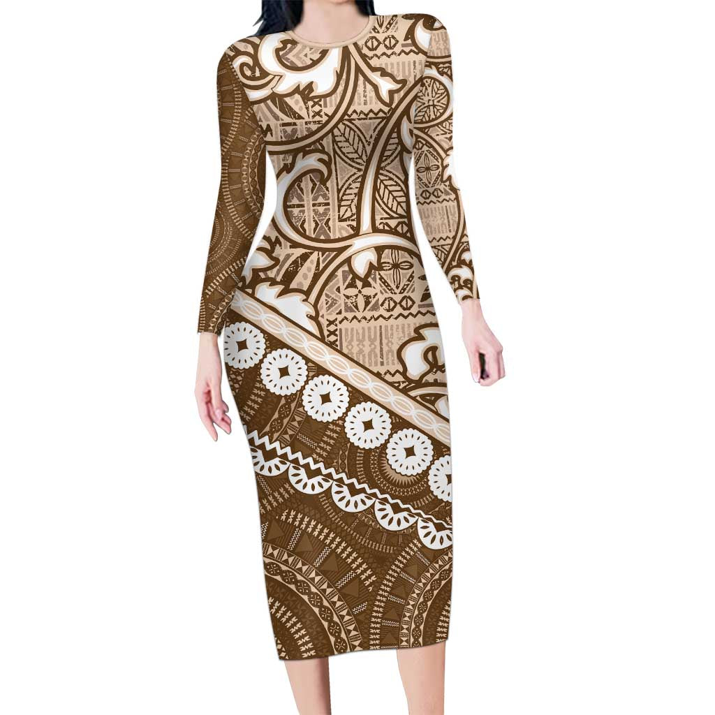 Beige Bula Fiji Long Sleeve Bodycon Dress Fijian Language Week Tapa Cloth - Pastel