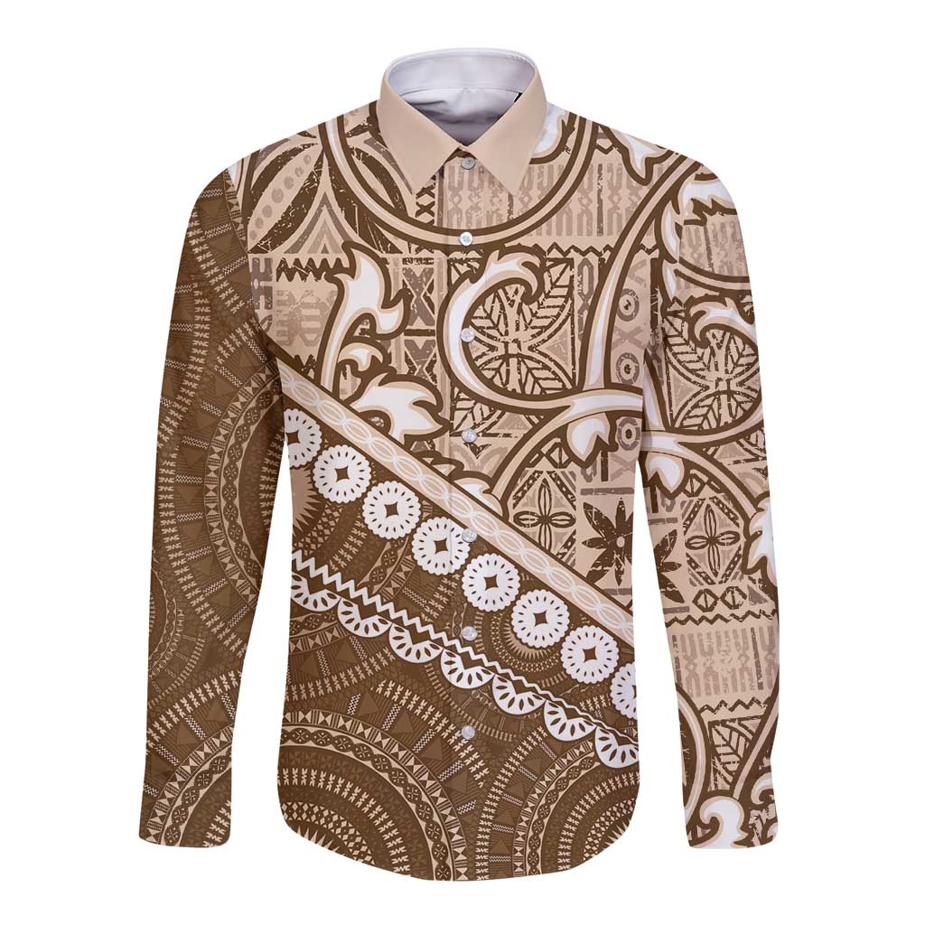 Beige Bula Fiji Long Sleeve Button Shirt Fijian Language Week Tapa Cloth - Pastel LT14 Unisex Beige - Polynesian Pride