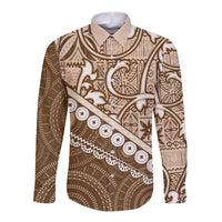 Beige Bula Fiji Long Sleeve Button Shirt Fijian Language Week Tapa Cloth - Pastel LT14 Unisex Beige - Polynesian Pride