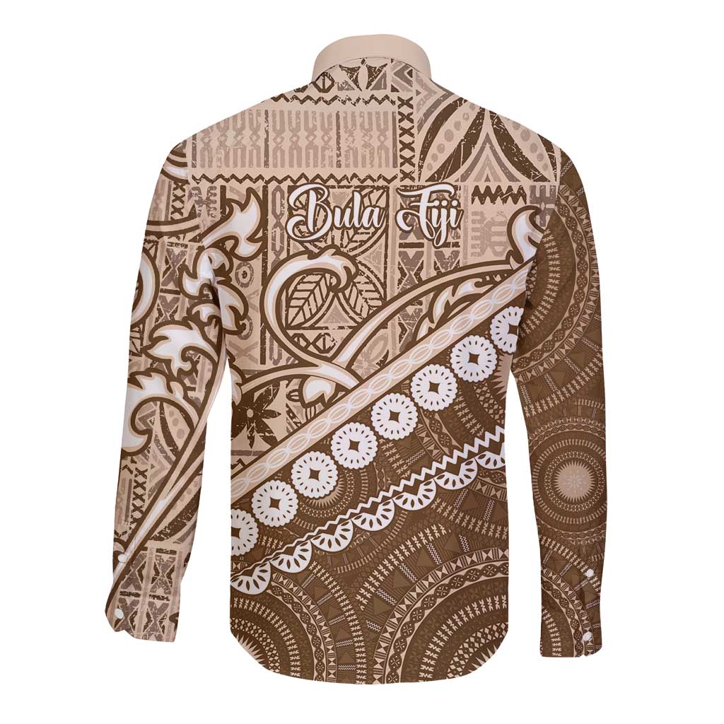 Beige Bula Fiji Long Sleeve Button Shirt Fijian Language Week Tapa Cloth - Pastel LT14 - Polynesian Pride