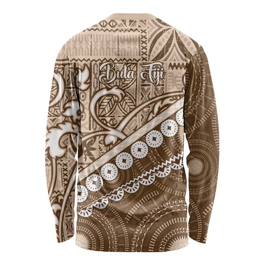 Beige Bula Fiji Long Sleeve Shirt Fijian Language Week Tapa Cloth - Pastel
