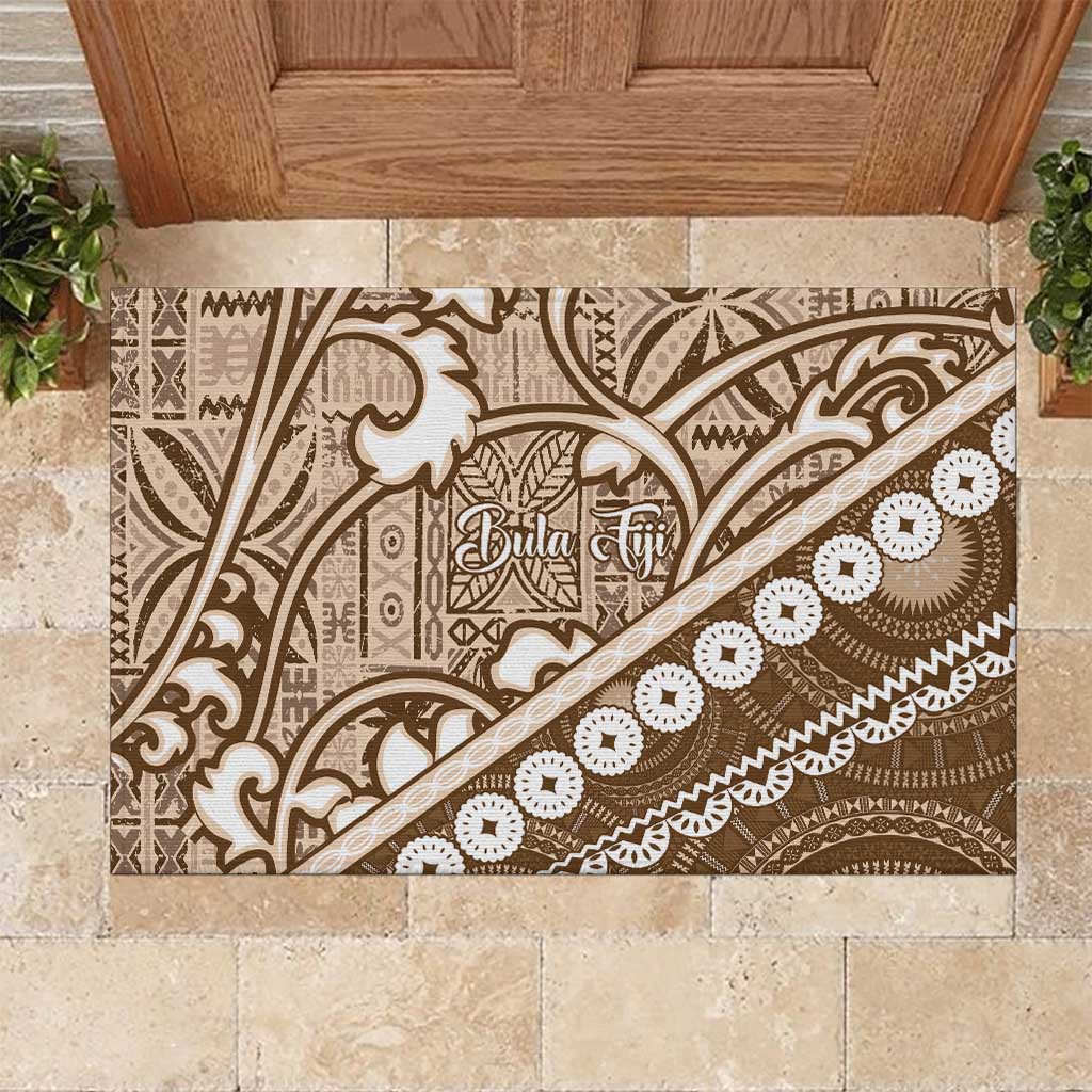 Beige Bula Fiji Rubber Doormat Fijian Language Week Tapa Cloth - Pastel