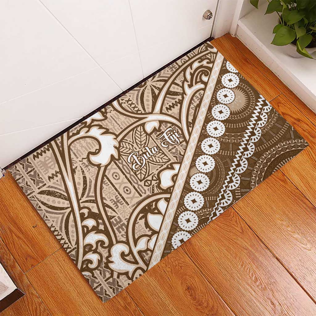 Beige Bula Fiji Rubber Doormat Fijian Language Week Tapa Cloth - Pastel LT14 - Polynesian Pride
