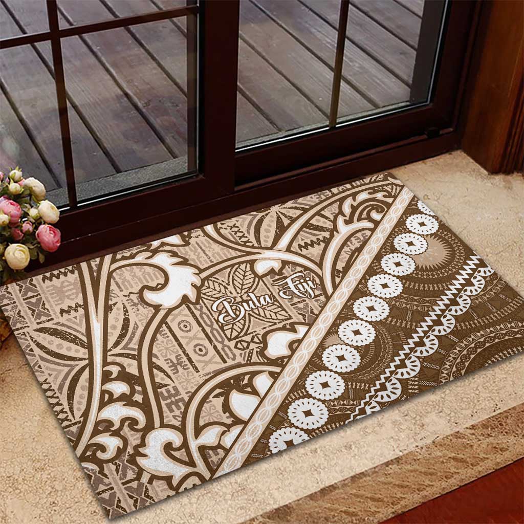 Beige Bula Fiji Rubber Doormat Fijian Language Week Tapa Cloth - Pastel LT14 - Polynesian Pride