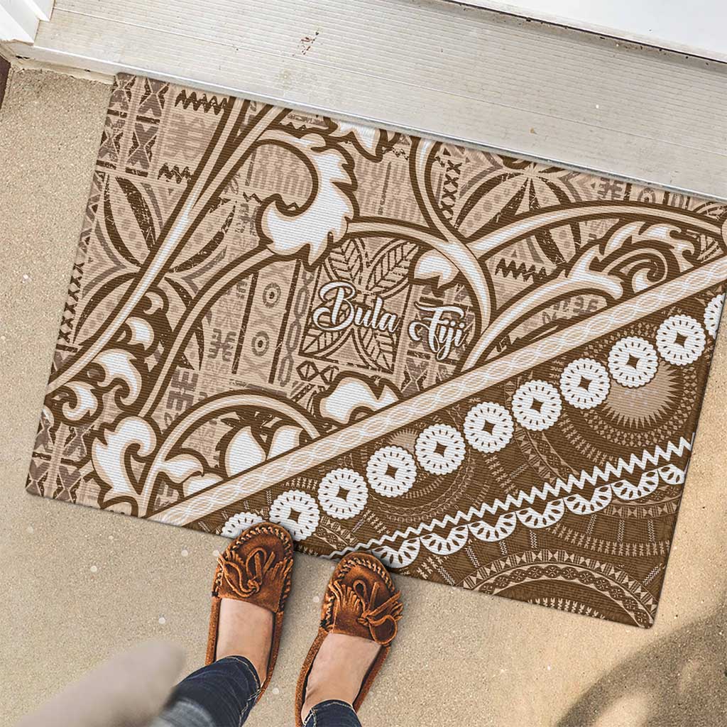 Beige Bula Fiji Rubber Doormat Fijian Language Week Tapa Cloth - Pastel LT14 - Polynesian Pride