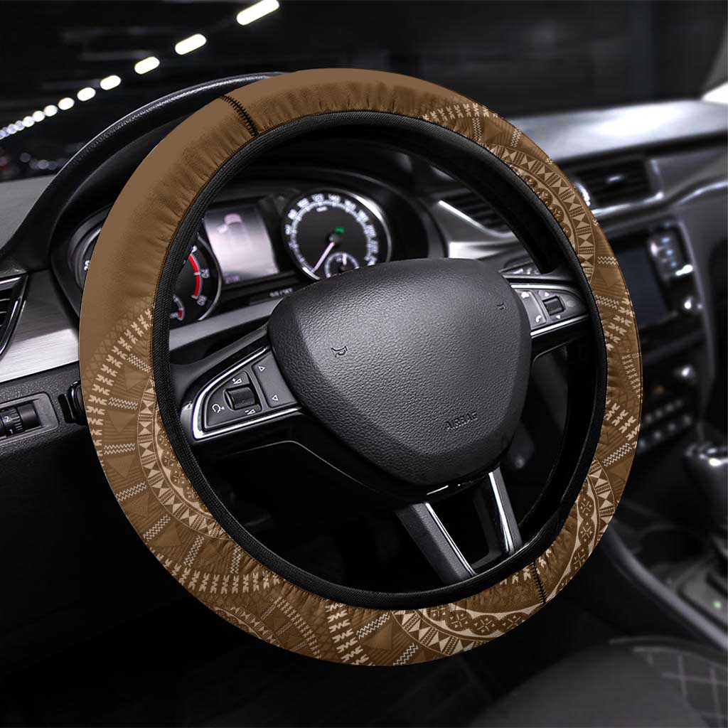 Beige Bula Fiji Steering Wheel Cover Fijian Language Week Tapa Cloth - Pastel LT14 Universal Fit Beige - Polynesian Pride