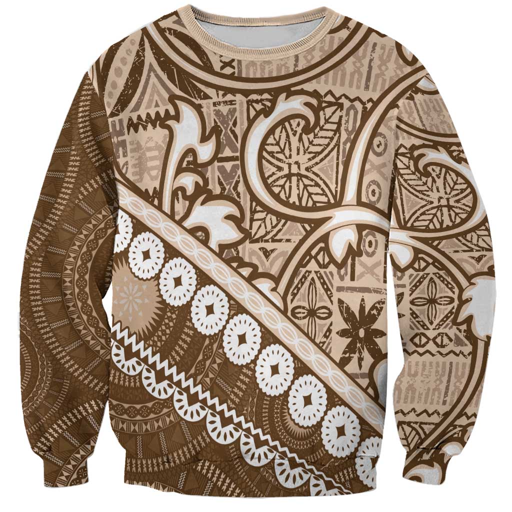 Beige Bula Fiji Sweatshirt Fijian Language Week Tapa Cloth - Pastel LT14 Unisex Beige - Polynesian Pride