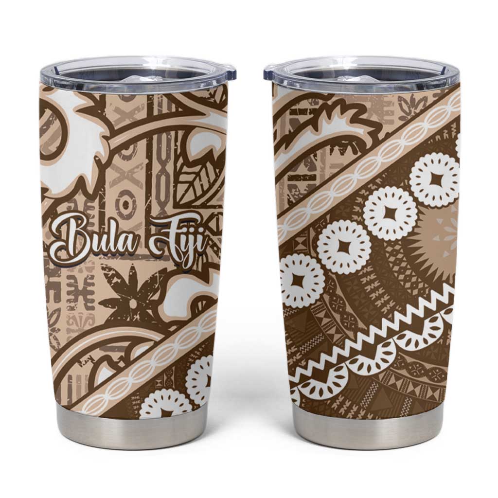 Beige Bula Fiji Tumbler Cup Fijian Language Week Tapa Cloth - Pastel LT14 Beige - Polynesian Pride