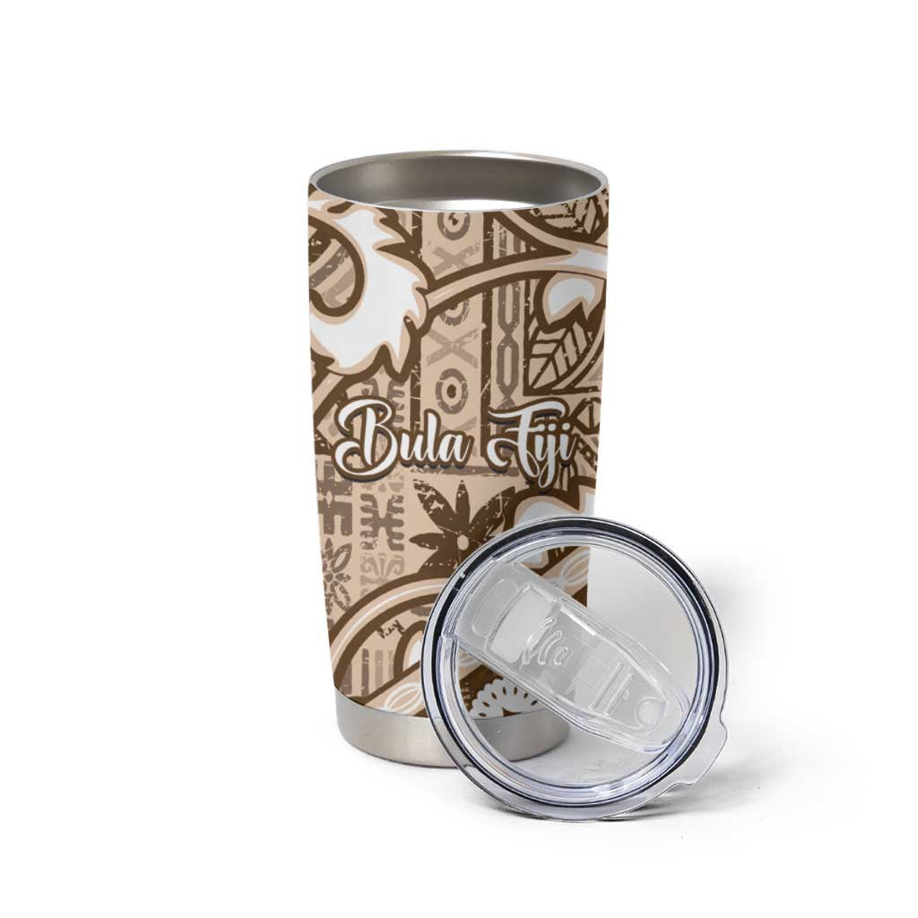 Beige Bula Fiji Tumbler Cup Fijian Language Week Tapa Cloth - Pastel LT14 - Polynesian Pride