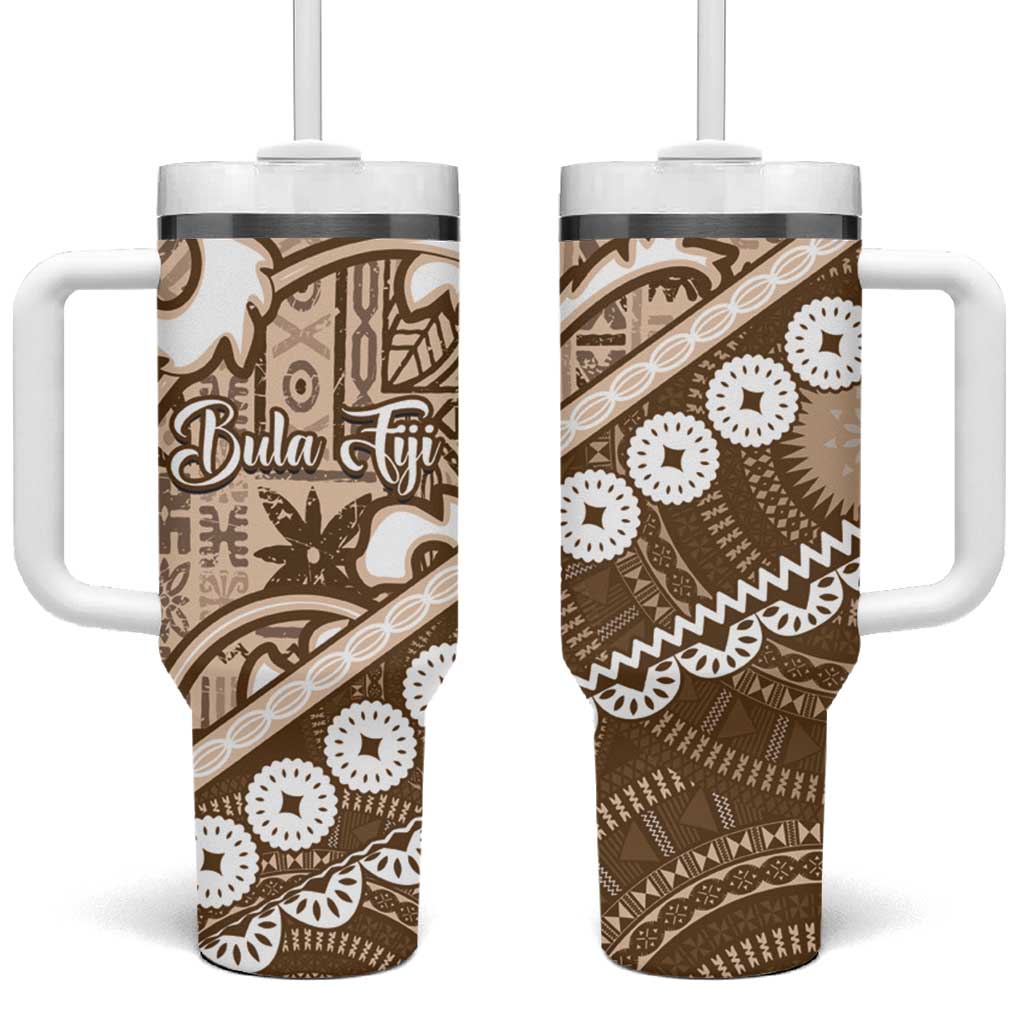 Beige Bula Fiji Tumbler With Handle Fijian Language Week Tapa Cloth - Pastel