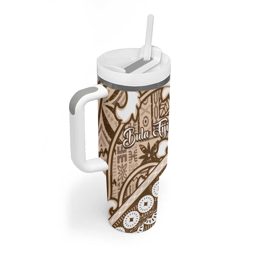 Beige Bula Fiji Tumbler With Handle Fijian Language Week Tapa Cloth - Pastel LT14 - Polynesian Pride
