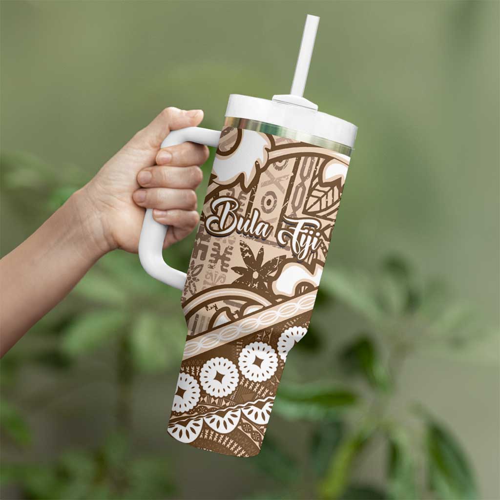 Beige Bula Fiji Tumbler With Handle Fijian Language Week Tapa Cloth - Pastel LT14 - Polynesian Pride
